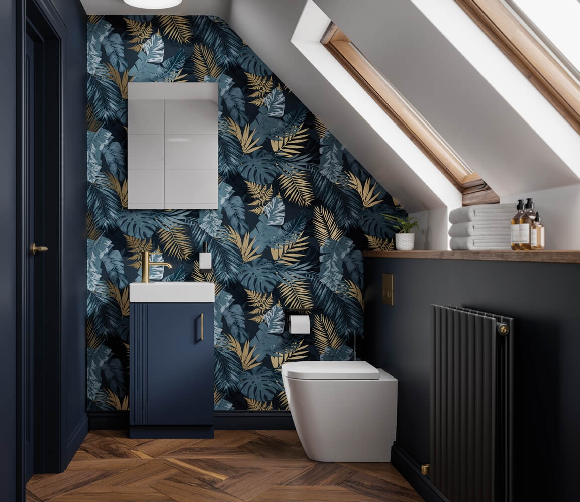a bathroom with a blue and gold wallpaper