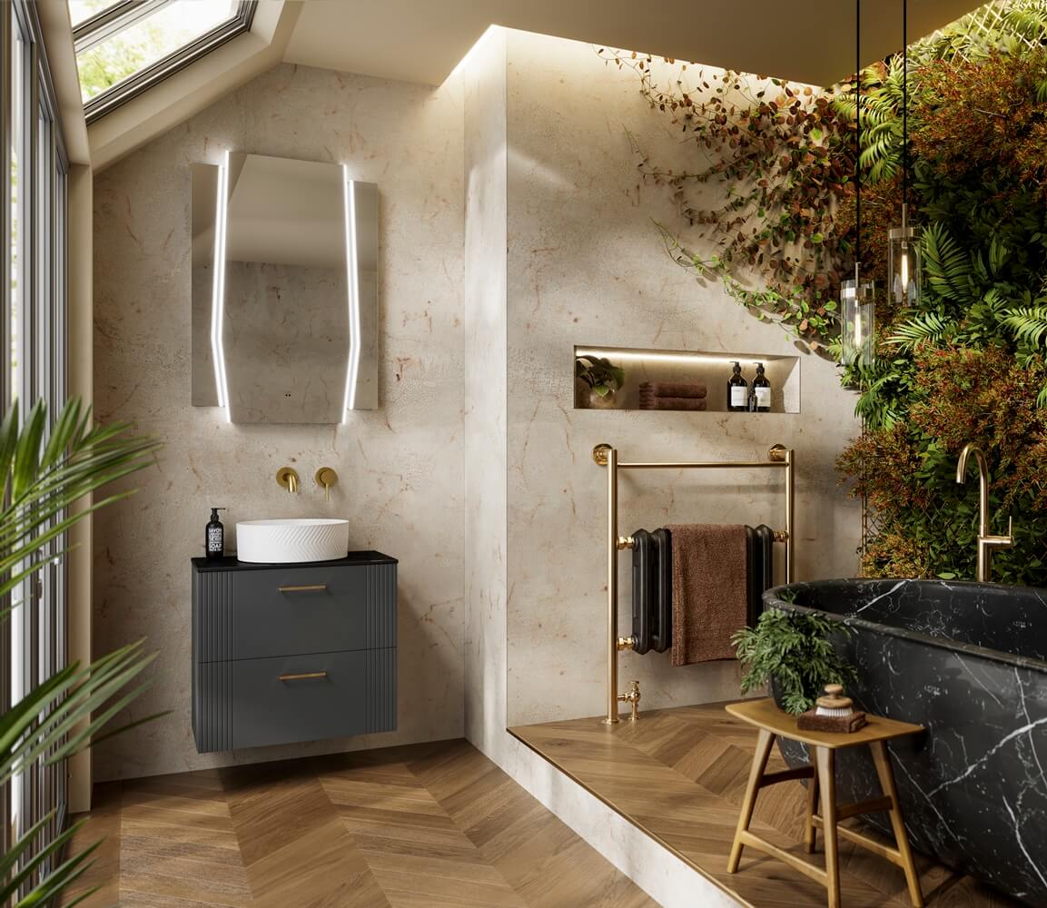 a bathroom with plants and a tub