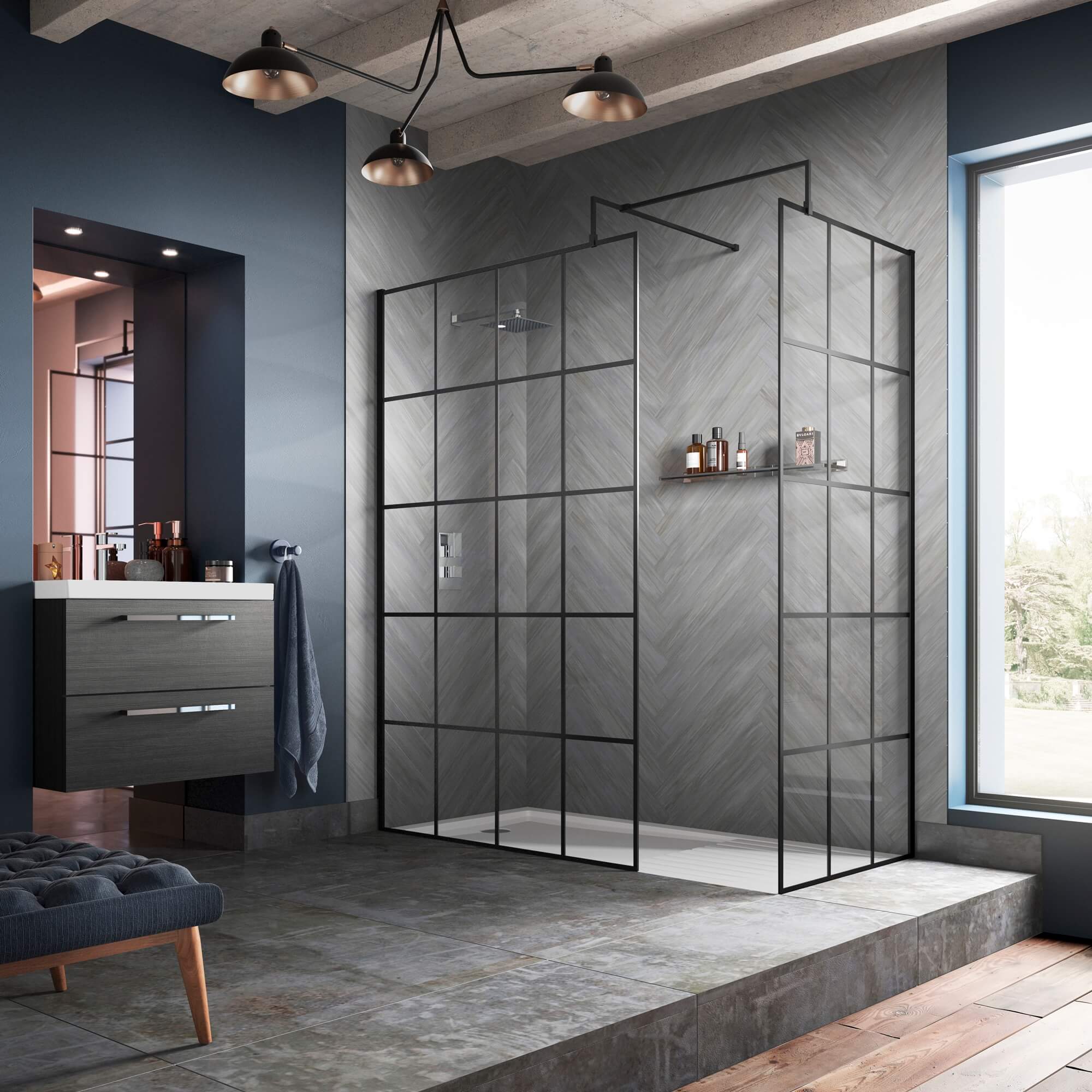 a bathroom with a shower and a bench