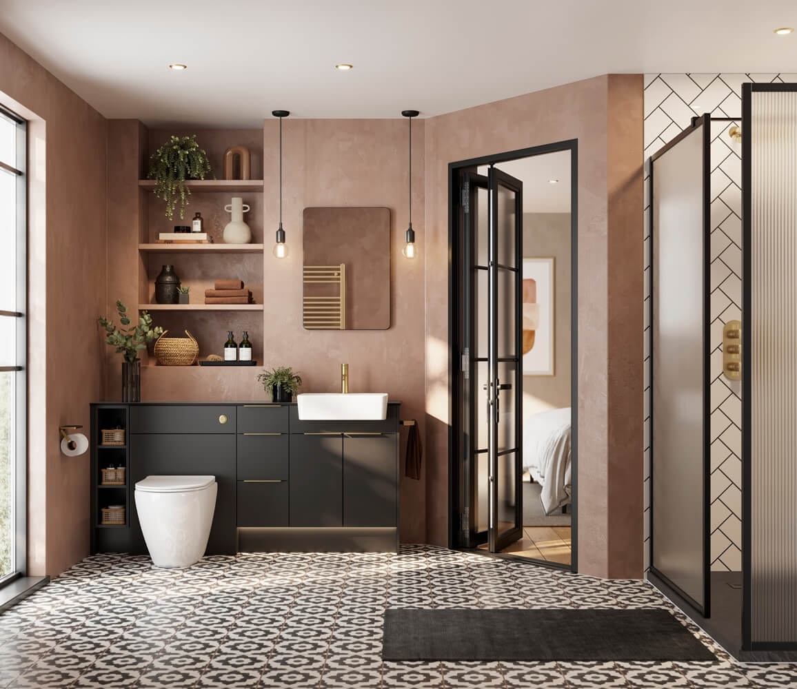 a bathroom with a sink and a shower