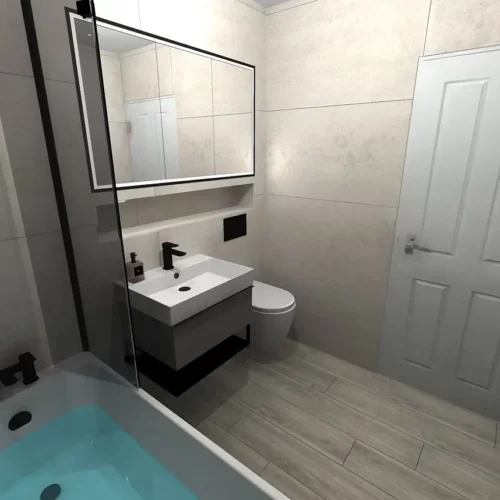 a bathroom with a tub and a mirror