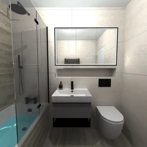 a bathroom with a shower and sink
