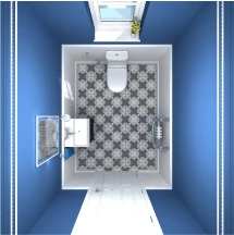 a blue wall wc with a toilet and sink.