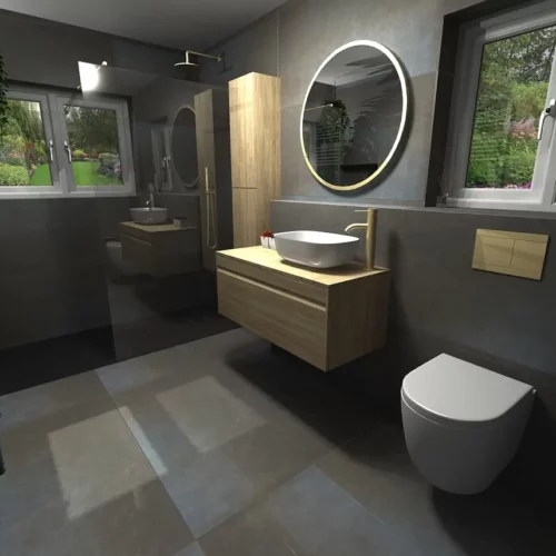 a main bathroom with a sink and a mirror