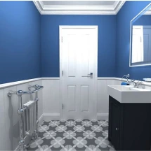 a wc with a white door and blue walls