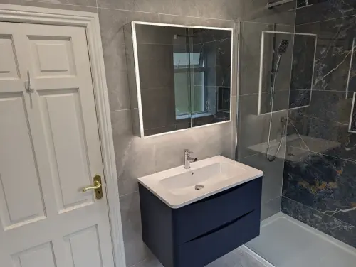 a Newtown Lane bathroom with a mirror and a shower